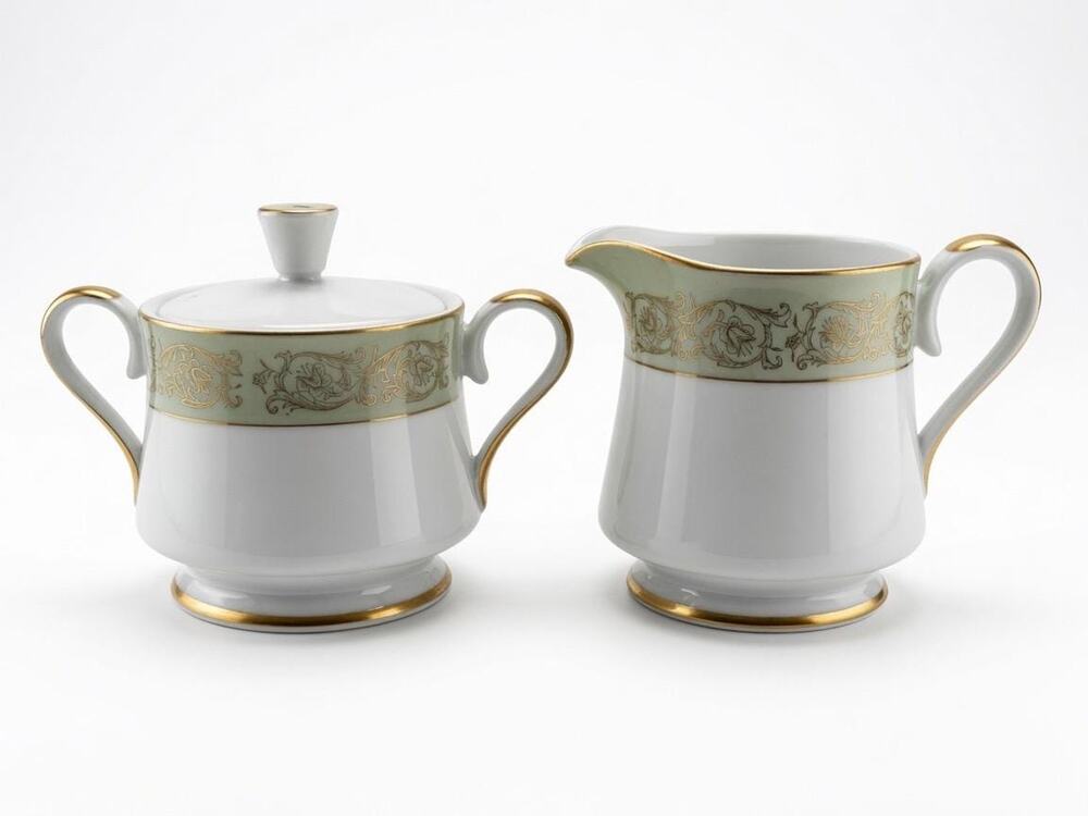 Yamaka Fine China Renaissance 2659R Sugar and Creamer Set, Sage Green Gold